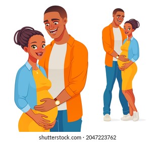 Happy African American couple expecting baby. Caring husband holding belly of his pregnant wife. Cartoon vector illustration isolated on white background.