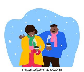 happy african american couple with hot coffee paper cups outdoor winter snow weather vector illustration