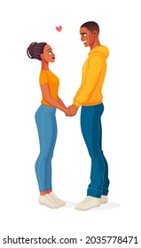 Happy African American couple in love. Man and woman holding hands and looking at each other. Cartoon vector illustration isolated on white background.