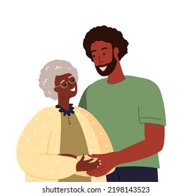 Happy African American Dark Skinned Adult Son Hugging Old Mother Love Each Other.Portrait Of Young Man And His Grandma.Friendly Family Relationship.Cartoon Vector Flat Illustration On White Background