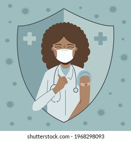Happy African American doctor in medical face mask raising thumbs up and shows bandage after injection of the flu vaccine. Coronavirus vaccination vector flat illustration.