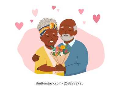 Happy African American elderly couple, grandparents, bouquet of flowers, hearts. International Day of Older Persons concept. grandparents together. Vector illustration in cute flat style