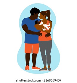 Happy African American family with a baby in their arms. Embrace. Parental care for children. Couple love.  Woman and man in full growth