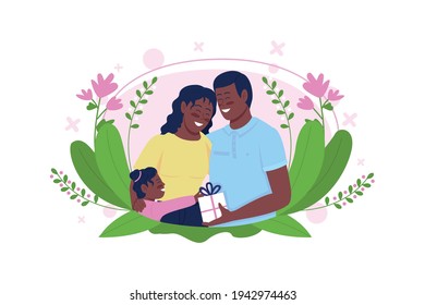 Happy African American Family Celebrate Mother's Day Flat Concept Vector Illustration. Parents With Daughter 2D Cartoon Characters For Web Design. Motherhood, Parenthood Creative Idea
