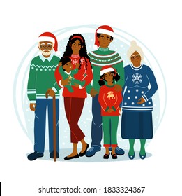 Happy african american family at Christmas staying together. Kids with parents and grandparents. Cute vector illustration drawing in flat style.