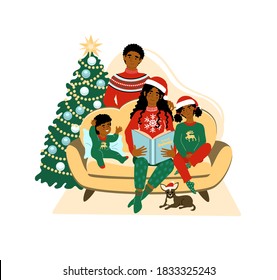 Happy african american family at Christmas sitting on the sofa. Parents with kids on the Christmas tree background. Happy people at home. Cute vector flat illustration.