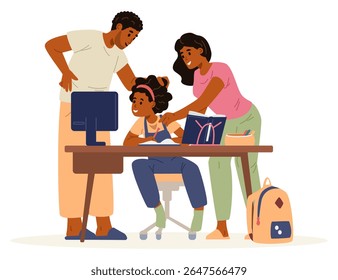 Família afro-americana feliz elogiando a menina da escola primária para o sucesso educacional estudando na mesa com ilustração de vetor plano de computador isolado no branco.