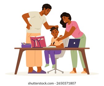 Família afro-americana feliz elogiando a criança da escola primária para o sucesso da educação ilustração vetor plana isolada no branco.