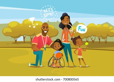 Happy African American Family With Disabled Girl Sitting In Wheelchair And Holding Basketball Ball. Concept Of Parents Involvement In Physical Activities Of Kids With Disability. Vector Illustration.