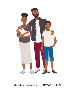 Happy african american family. Father, mother holding newborn child and teenage son standing together. Cute flat cartoon characters isolated on white background. Colorful vector illustration.