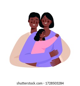 Happy african american family. Father, mother and daughter together. Good parenting and nurturing. Care, trust and support between parents and children.Vector illustration of a flat cartoon style.