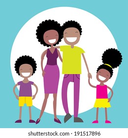 Happy African American family of four members: parents,their son and daughter. Lovely cartoon characters.Vector illustration