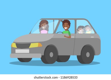 Happy african american family in the grey car. People on a trip. Parents and children have an adventure. Flat vector illustration