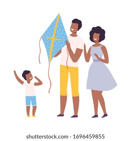 Happy African American Family Having Fun with Flying Kite, Mother, Father and Son Launching Kite, Outdoor Recreational Activities Vector Illustration