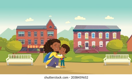 Happy African American family hugging to each other on summer city street vector flat illustration