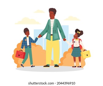 Happy african american family with kids walking to school. Girl and boy in school uniform holding briefcases with father going in education institution. Flat vector illustration.
