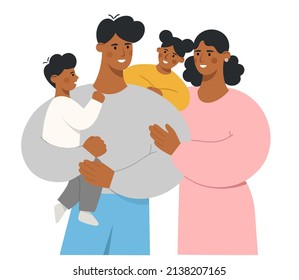 Happy african american family with lovely kids. Young mother and father holding their beloved children in their arms. Son and daughter hug their parents. Flat vector illustration.