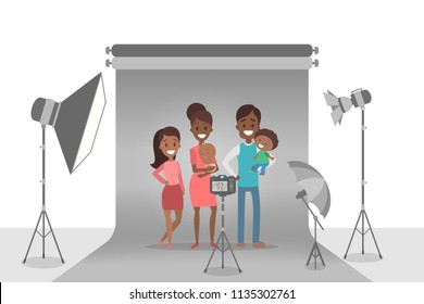 Happy african american family making photoshoot on the grey background. Parents and children standing together. Various equipment such as softbox and camera. Isolated flat vector illustration