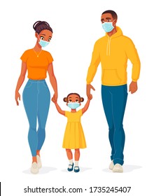 Happy African American family in medical masks holding hands and walking. Protection from Covid-19. Cartoon vector illustration isolated on white background.