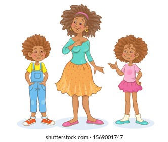 Happy african american family. Mother, son and daughter are standing and talking. In cartoon style. Isolated on white background. Vector illustration.