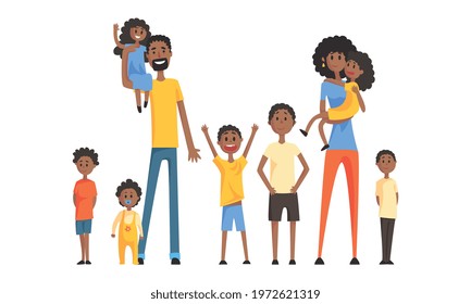 Happy African American Family with Mother and Father Holding Little Kids Vector Illustration