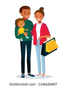 Happy african american family with one kid smiling. Isolated on white. Young happy family with a little child. Father holding his son in arms.Woman with shopping bags Vector illustration. Flat design.