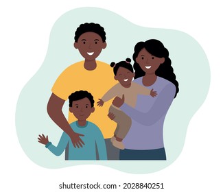 A happy African American family. Parents and children. Father, mother, daughter, son. Vector illustration in a flat style.