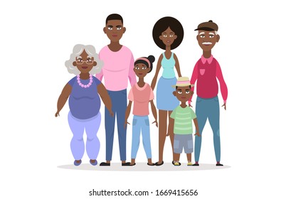 Happy African American family portrait. Vector people. Father, mother, grandmother, grandfather and children. Three generations. Vector illustration of a cartoon style
