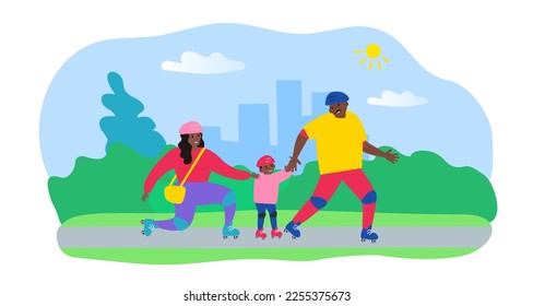 happy african american family roller skates in the park vector illustration 