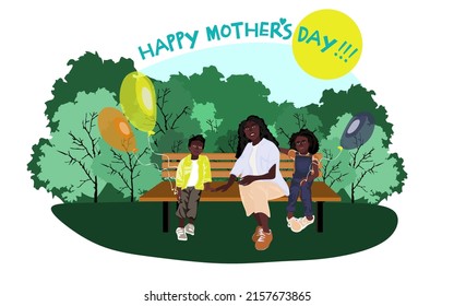 Happy African American family sits on a park bench in sunny weather with balloons. Family, mothers, children, fathers, sons, daughters, siblings day celebration conceptual vector design.