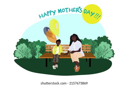 Happy African American family sits on a park bench in sunny weather with balloons. Family, mothers, children, fathers, sons, daughters, siblings day celebration conceptual vector design.