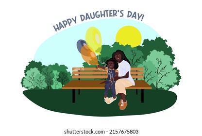 Happy African American family sits on a park bench in sunny weather with balloons. Family, mothers, childrens, fathers, sons, daughters, siblings day celebration conceptual vector design.