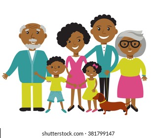 Happy African American Family Of Six Members: Parents,their Son And Daughter, And Grandparents With Their Dog. Vector Illustration