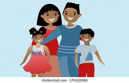 Happy African American family standing together and wearing braces. Mother, father, daughter and son. Dental health concept illustration. Flat vector.