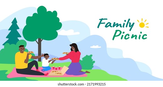 happy african american family summer outdoor picnic eat pizza vector illustration