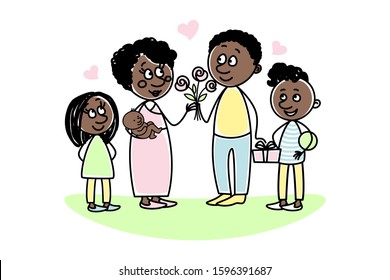 Happy African American family with three children on a white background. Dad gives mom a bouquet of flowers and a gift. Mom holds the baby in her arms. Brother and sister are smiling