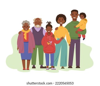 Happy African American family. Family time. Father and mother, children, grandparents. Vector stock illustration.