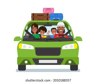 happy african american family travel by car front view vector illustration