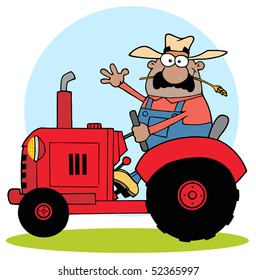 Happy African American Farmer In Red Tractor  Waving A Greeting
