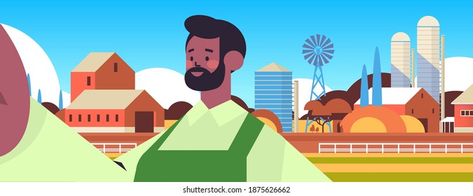 happy african american farmer taking selfie on smartphone camera man making self photo farmland background horizontal portrait vector illustration