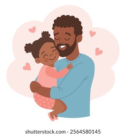 Happy African American father with his little daughter. Family and Fathers Day. Cute cartoon illustration.