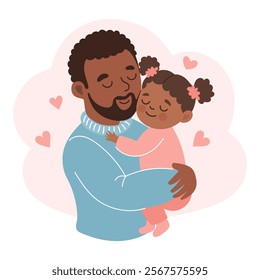 Happy African American father with his little daughter. Family and Fathers Day. Cute cartoon illustration.