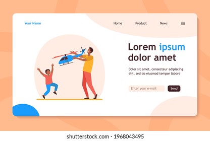 Happy African American father and son playing with helicopter. Toy, dad, kid flat vector illustration. Fatherhood and childhood concept for banner, website design or landing web page