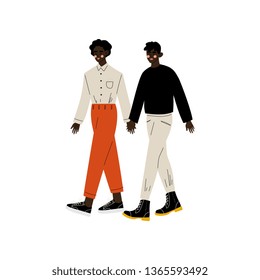 Happy African American Gay Couple, Two Men Holding Hands, Romantic Homosexual Relationship Vector Illustration