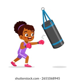 Boxe menina afro-americana feliz com saco de perfuração no ginásio para a aptidão e estilo de vida saudável