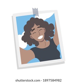 Happy African American Girl Face in Baseball Cap on Photographic Print or Selfie Picture Vector Illustration