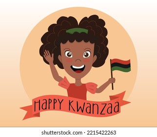 Happy African American Girl Holding Kwanzaa Flag - Red, Black, Green. Celebrating Cute Smiling Character. Happy Kwanzaa Ribbon With Text.