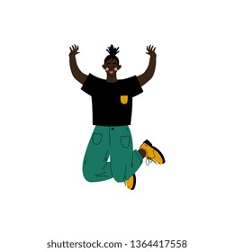 Happy African American Girl Jumping Celebrating Important Event, Dance Party, Friendship, Sport Concept Vector Illustration