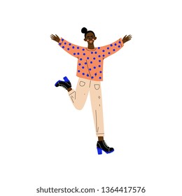 Happy African American Girl Jumping, Young Woman Celebrating Important Event, Dance Party, Friendship, Sport Concept Vector Illustration