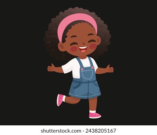 Happy African American Girl on black background. Cute character in vector illustration